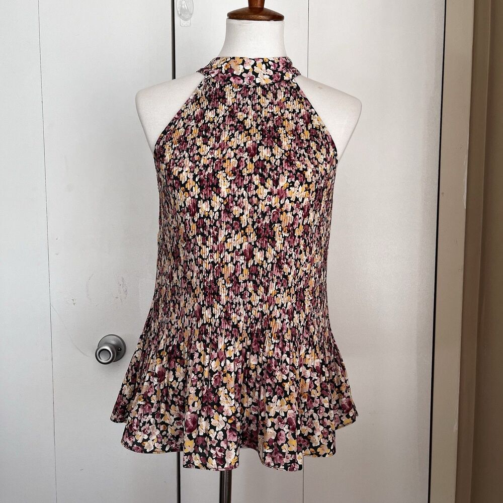 Pleione Floral Pleated Halter Top Women M Tie Neck Blouse Multicolor Peplum